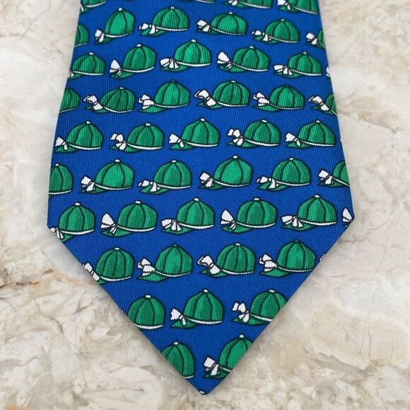 Hermes 100% Silk Blue & Green Horse Jockey Hat (684 OA) Tie - Picture 3 of 10